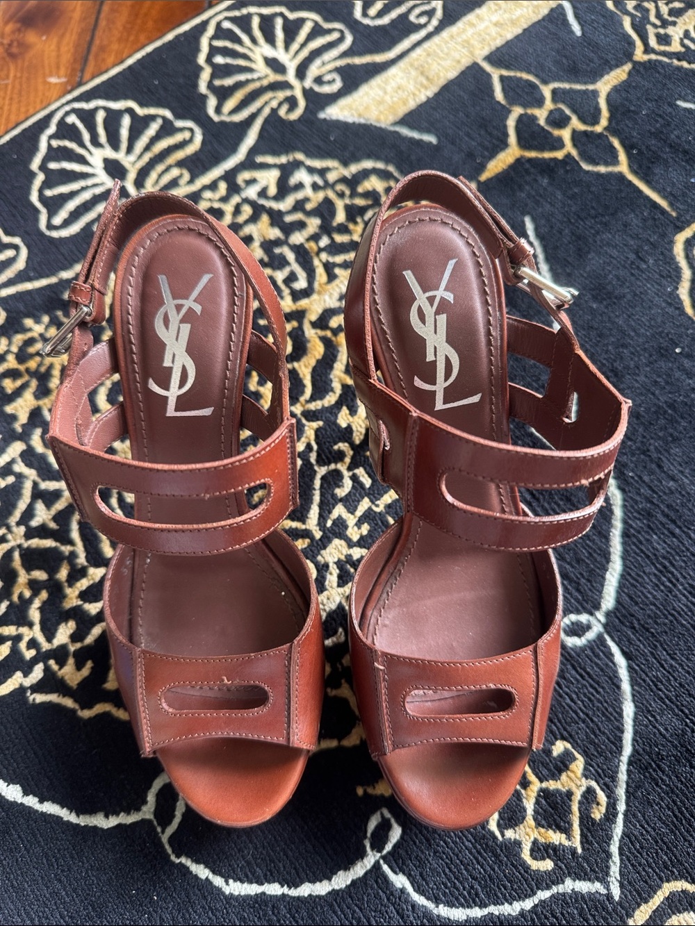 Saint Laurent Brown Leather Strappy Platform Heels